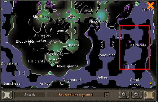 Map showing the location of Dust devils in the Catacombs of Kourend.