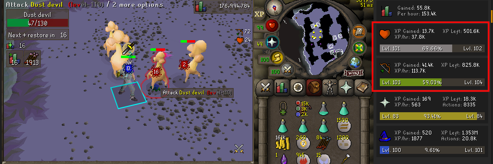 Ranged and Hitpoints XP/hr while killing Dust devils with a Venator bow.