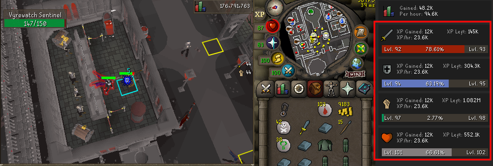 Melee and Hitpoints XP/hr while killing Vyrewatch sentinels.