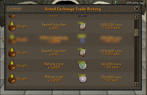 Grand exchange history of supplies for making Rosewood planks.