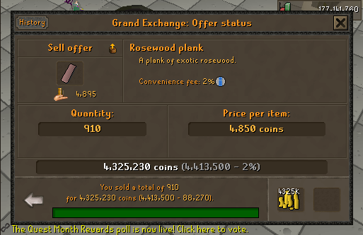 910 Rosewood planks sold for a total of 4,325,230 GP.