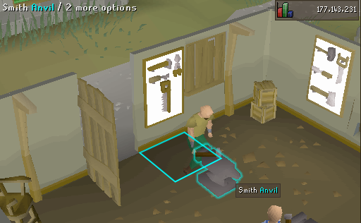 Smithing Rune 2h swords at the Varrock West anvil.