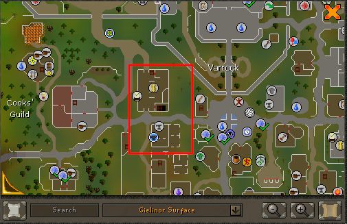 Map showing the location of Varrock West Bank and Anvil.