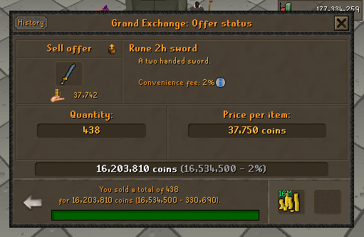438 Rune 2h swords sold to the Grand Exchange for 16,203,810 GP.