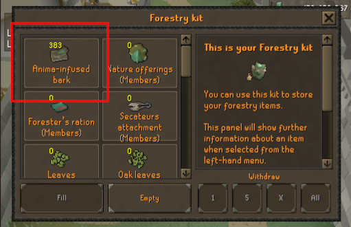 383 Anima-infused bark in my Forestry kit from doing 1 Rising Roots Forestry event.