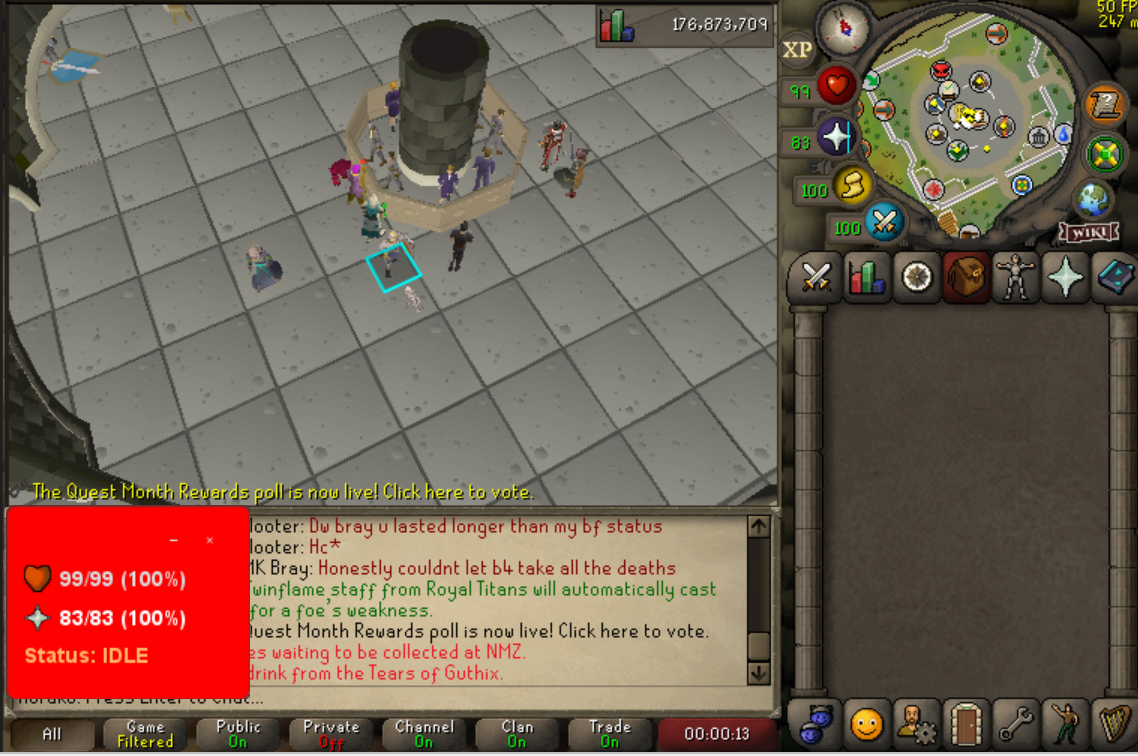 Bank standing at the Grand Exchange with the AFK Overlay plugin showing Idle.