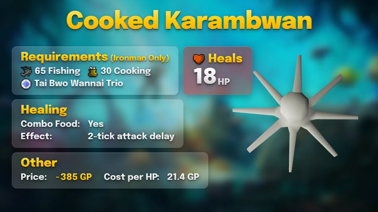 Cooked karambwan: heals 18, combo food, 2-tick attack delay, about 385 GP
