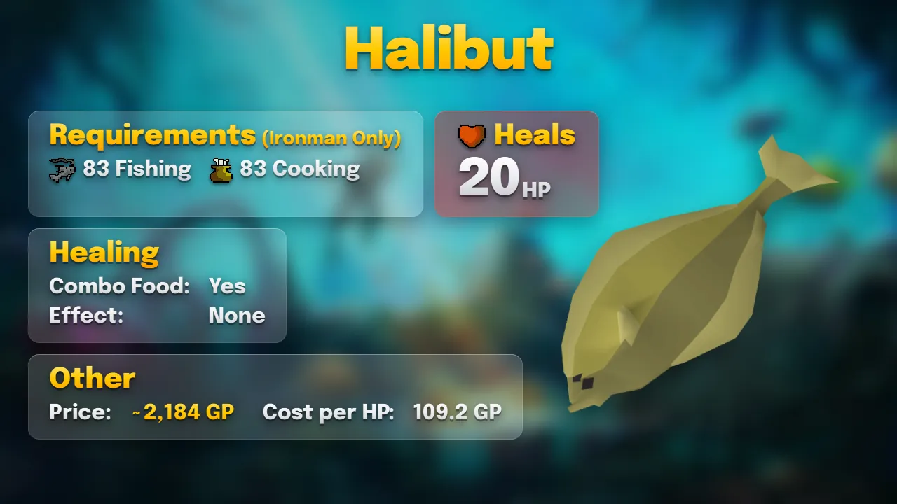 Halibut: heals 20, combo food, 83 Fishing and 83 Cooking, about 2,184 GP