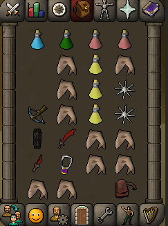 PK Inventory.png PK inventory with Saradomin brews in one column, manta rays beside them and karambwans lined up for a triple eat