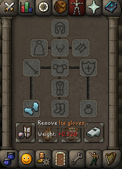 OSRS worn gear tab showing Ice gloves equipped.