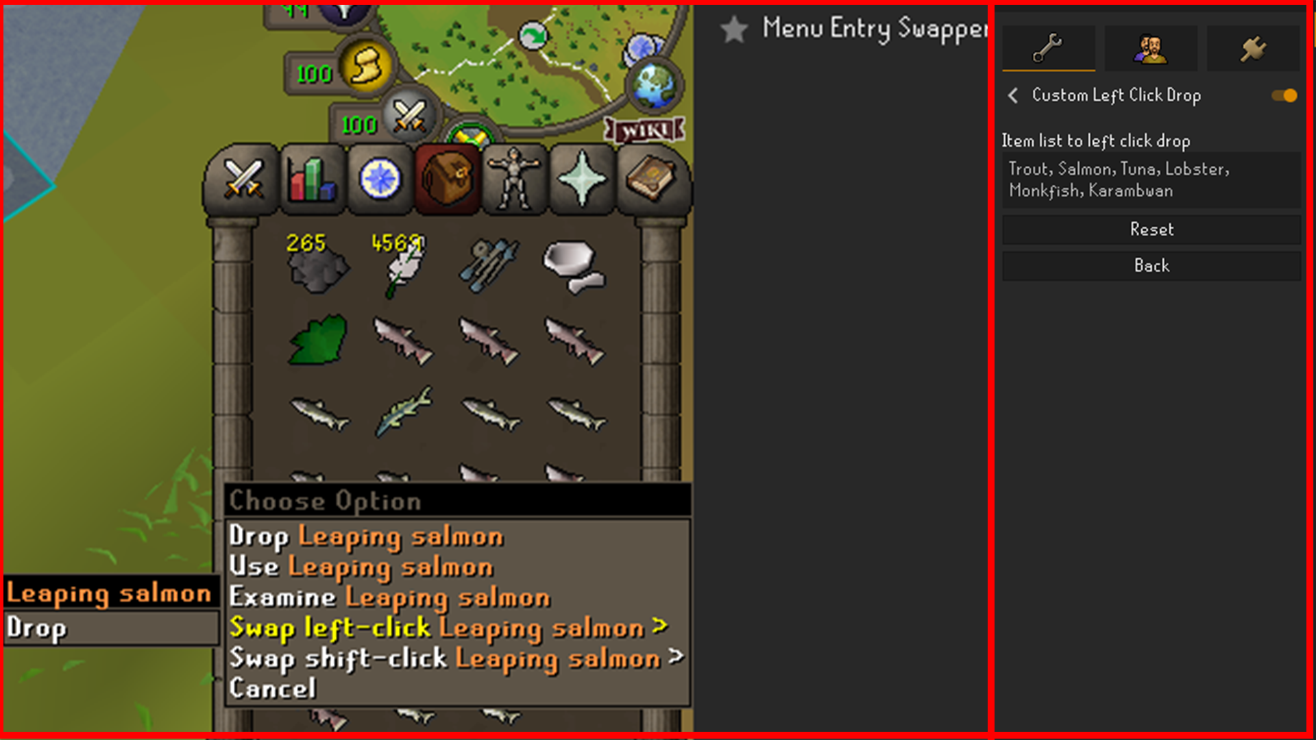 menu entry swapper and left click dropping plugins for fishing