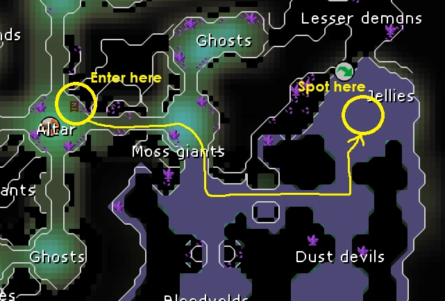 Jellies spot map.webp an image showing a map of how to get to jellies in osrs catacombs