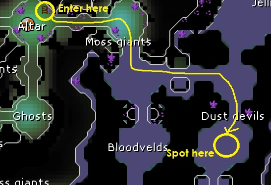 Dust devils spot map.webp a map showing how to get to dust devils in the catacombs in osrs