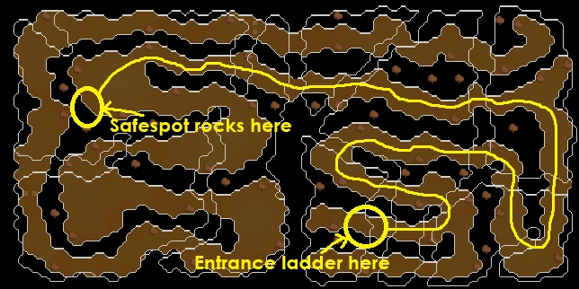 Safespot map.webp a map showing how to get to no overhead prayer chinning spot in mm1 caves osrs