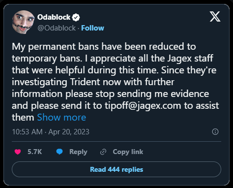 odablock tweet about his osrs ban status