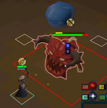 A blue rock thrown by Doom of Mokhaiotl, indicating a Magic → Ranged → Magic attack sequence