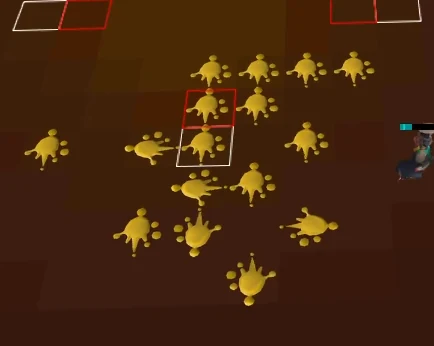 The arena floor covered in yellow poison acid tiles spat out by Doom of Mokhaiotl