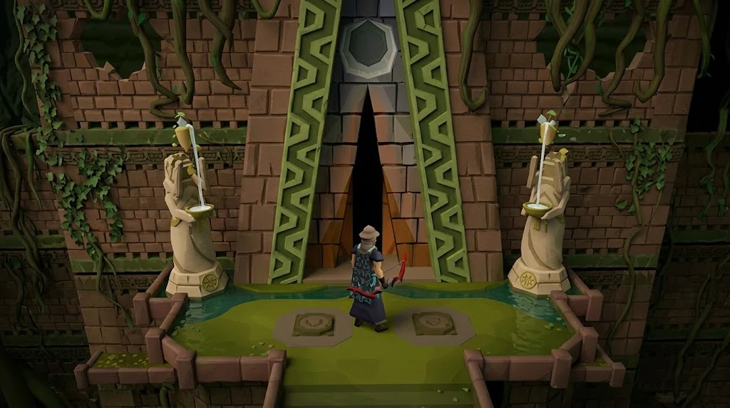 character standing at the overgrown stone entrance to the Doom of Mokhaiotl arena, with statues and a waystone