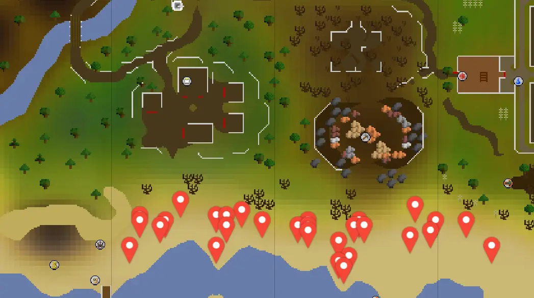 an image showing sand crabs locations at South Hosidius beach in OSRS