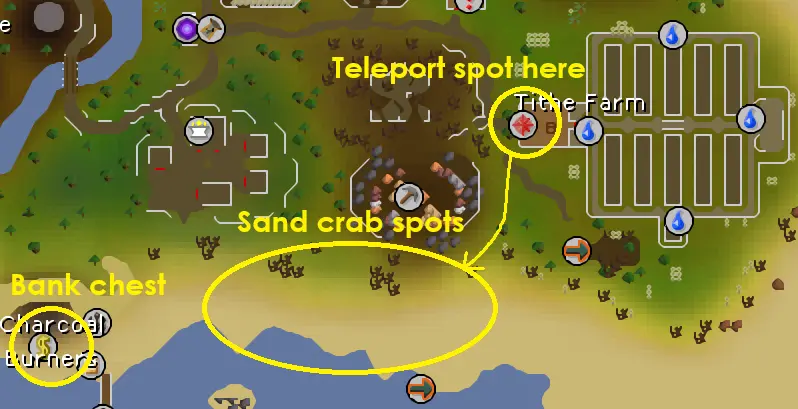 an image of a map showing how to get to sand crabs from tithe farm teleport in OSRS
