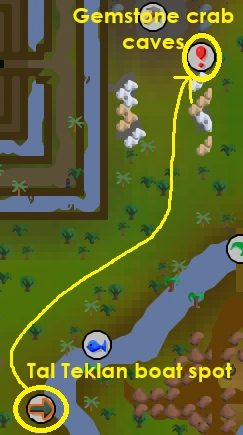 teklan boat map.webp an image showing how to get to gemstone crab from Tal Teklan boat in OSRS