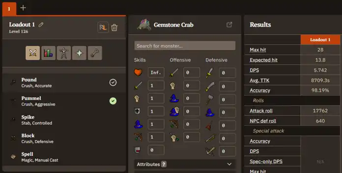 OSRS DPS calculator setup used for every figure in this guide: 99 Attack and 99 Strength, weapon only, no prayers or potions, against Gemstone crab