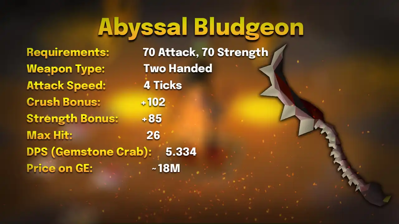 Abyssal bludgeon stats card: 70 Attack, 70 Strength, two-handed, 4 ticks, max hit 26, 5.334 DPS against a Gemstone Crab