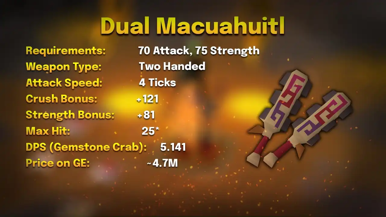 Dual macuahuitl stats card: 70 Attack, 75 Strength, two-handed, 4 ticks, max hit 25 across two hitsplats, 5.141 DPS against a Gemstone Crab