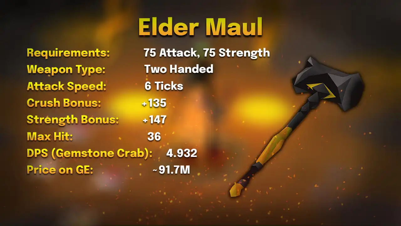 Elder maul stats card: 75 Attack, 75 Strength, two-handed, 6 ticks, max hit 36, 4.932 DPS against a Gemstone Crab