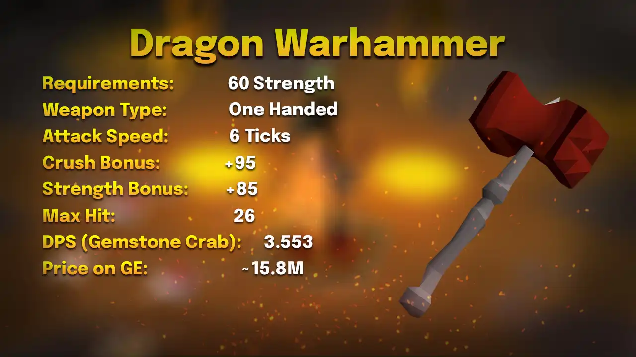 Dragon warhammer stats card: 60 Strength, one-handed, 6 ticks, max hit 26, 3.553 DPS against a Gemstone Crab