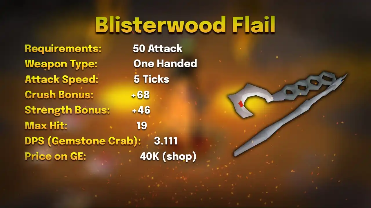 Blisterwood flail stats card: 50 Attack, one-handed, 5 ticks, max hit 19, 3.111 DPS against a Gemstone Crab