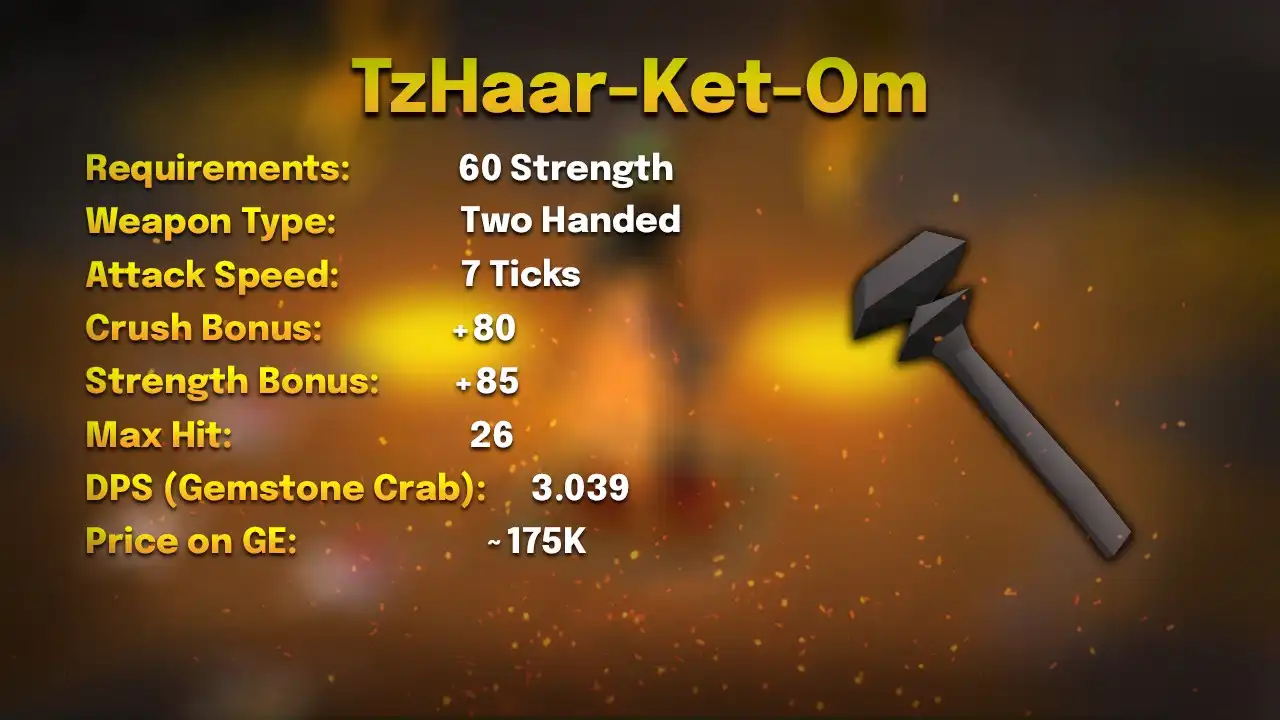 TzHaar-ket-om stats card: 60 Strength, two-handed, 7 ticks, max hit 26, 3.039 DPS against a Gemstone Crab