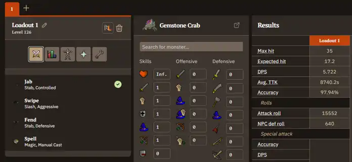 OSRS DPS calculator setup used for every figure in this guide: 99 Attack and 99 Strength, weapon only, no prayers or potions, stab style selected, against the Gemstone Crab