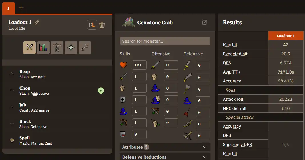 osrs dps calculator.webp OSRS DPS calculator setup used for every figure in this guide: 99 Attack and 99 Strength, weapon only, no prayers or potions, slash style selected, against the Gemstone crab