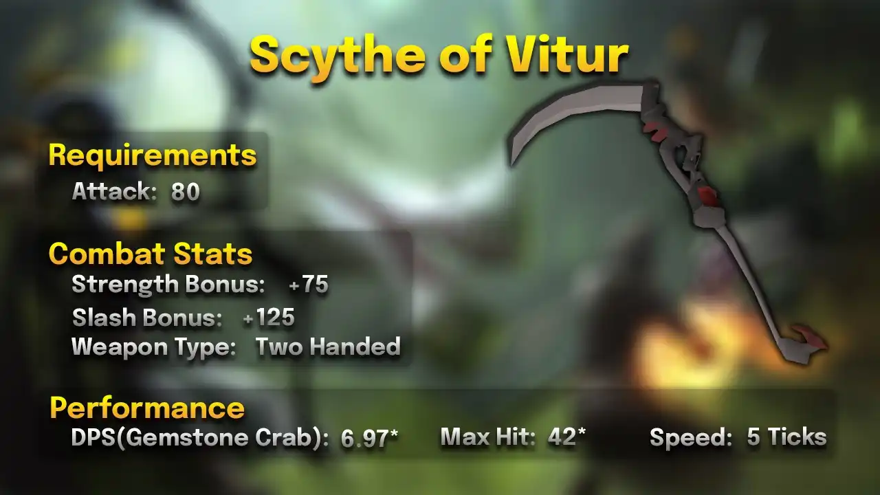 Scythe of Vitur.webp Scythe of Vitur stats card: 80 Attack, two-handed, 5 ticks, max hit 42, 6.97 DPS against a Gemstone Crab, all three hitsplats on a large target