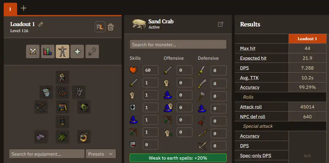 bolts on training sand crabs.webp OSRS DPS calculator setup used for best training bolts figures in this guide: 99 ranged, full gear, rigour prayer and ranging potion, against sand crabs(active)