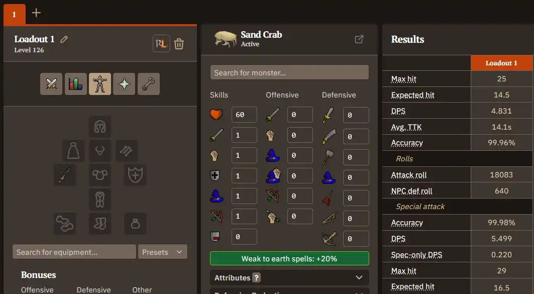 dps calculator.webp OSRS DPS calculator setup used for every figure in this guide: 99 Attack and 99 Strength, weapon only, no prayers or potions, against an active Sand Crab