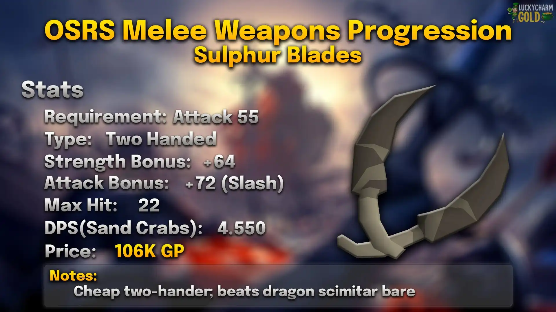 Sulphur Blades.webp Sulphur blades stats card: 55 Attack, two-handed, +64 Strength, max hit 22, 4.550 DPS against a Sand Crab