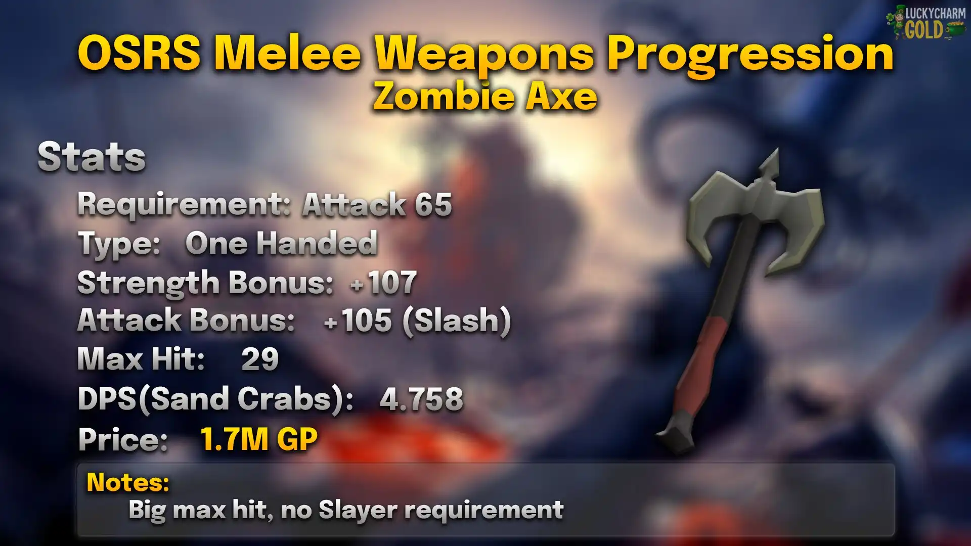 Zombie Axe.webp Zombie axe stats card: 65 Attack, one-handed, +107 Strength, max hit 29, 4.758 DPS against a Sand Crab