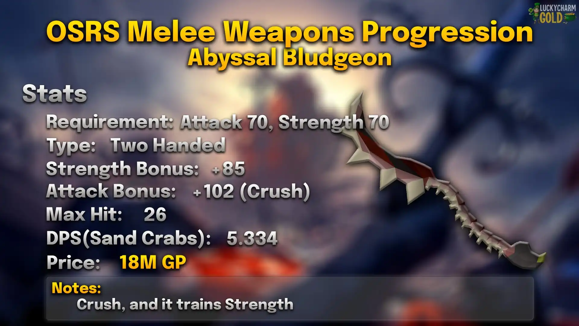 Abyssal Bludgeon.webp Abyssal bludgeon stats card: 70 Attack, 70 Strength, two-handed, +85 Strength, max hit 26, 5.334 DPS against a Sand Crab