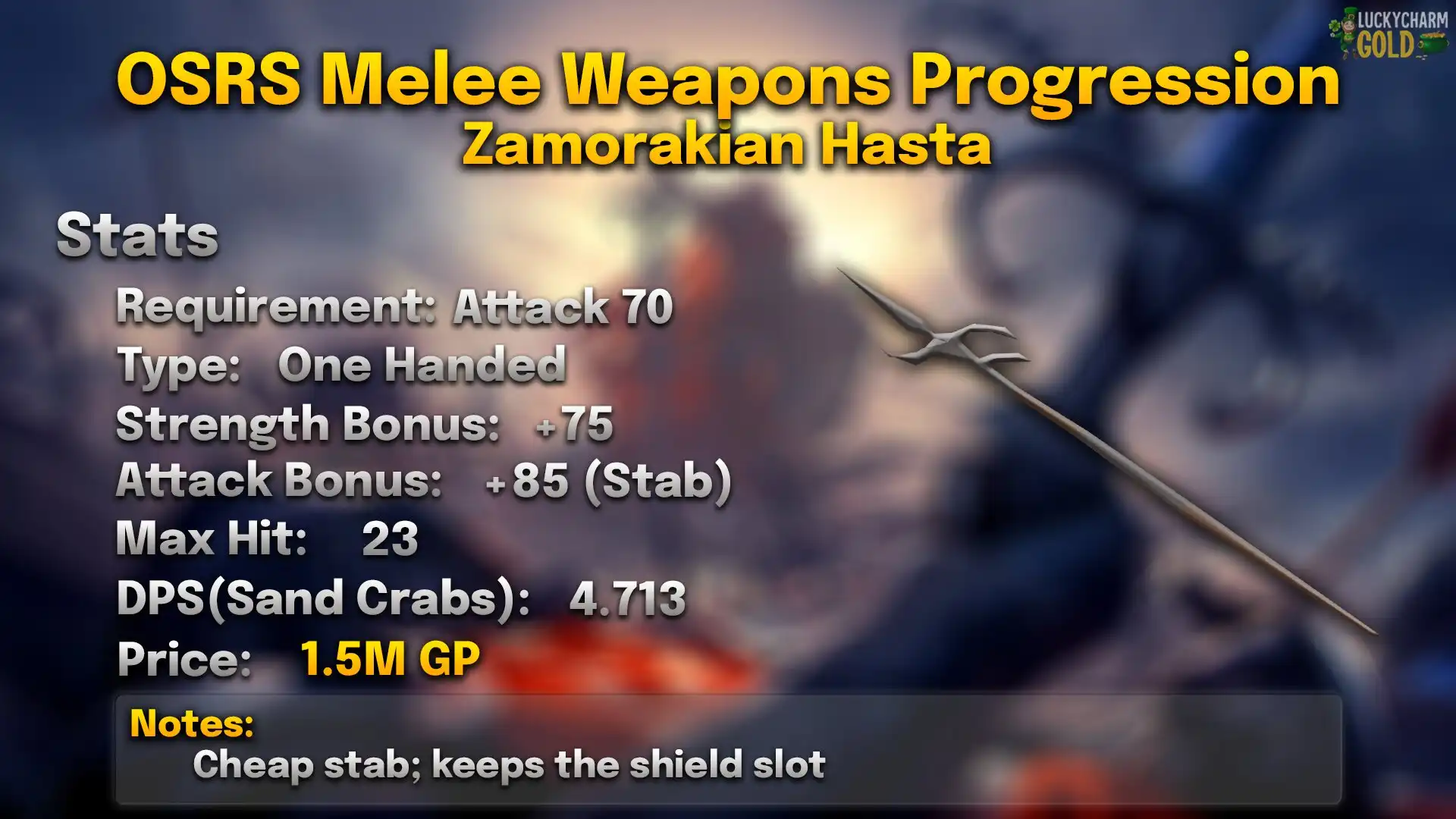 Zamorakian Hasta.webp Zamorakian hasta stats card: 70 Attack, one-handed, +75 Strength, max hit 23, 4.713 DPS against a Sand Crab