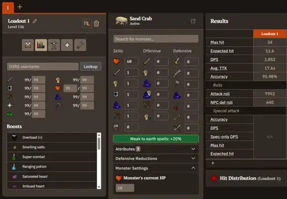 DPS calculator loadout at 99 in every combat skill with no gear, against an active Sand Crab: max hit 24 and 3.852 DPS with Fire Surge on an elemental staff