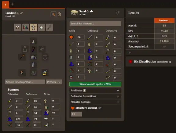 DPS calculator loadout with Tumeken's Shadow, an Ancestral set, occult necklace, tormented bracelet and magus ring against an active Sand Crab: max hit 55 and 9.118 DPS
