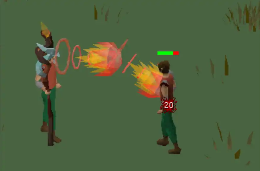 Twinflame staff firing one Fire Wave cast that lands two hitsplats, the second about 40% of the first
