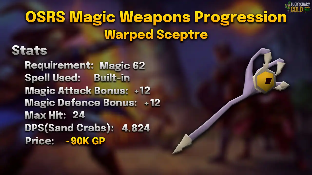 Warped sceptre stats card: 62 Magic, its built-in attack, max hit 24, 4.824 DPS against a Sand Crab
