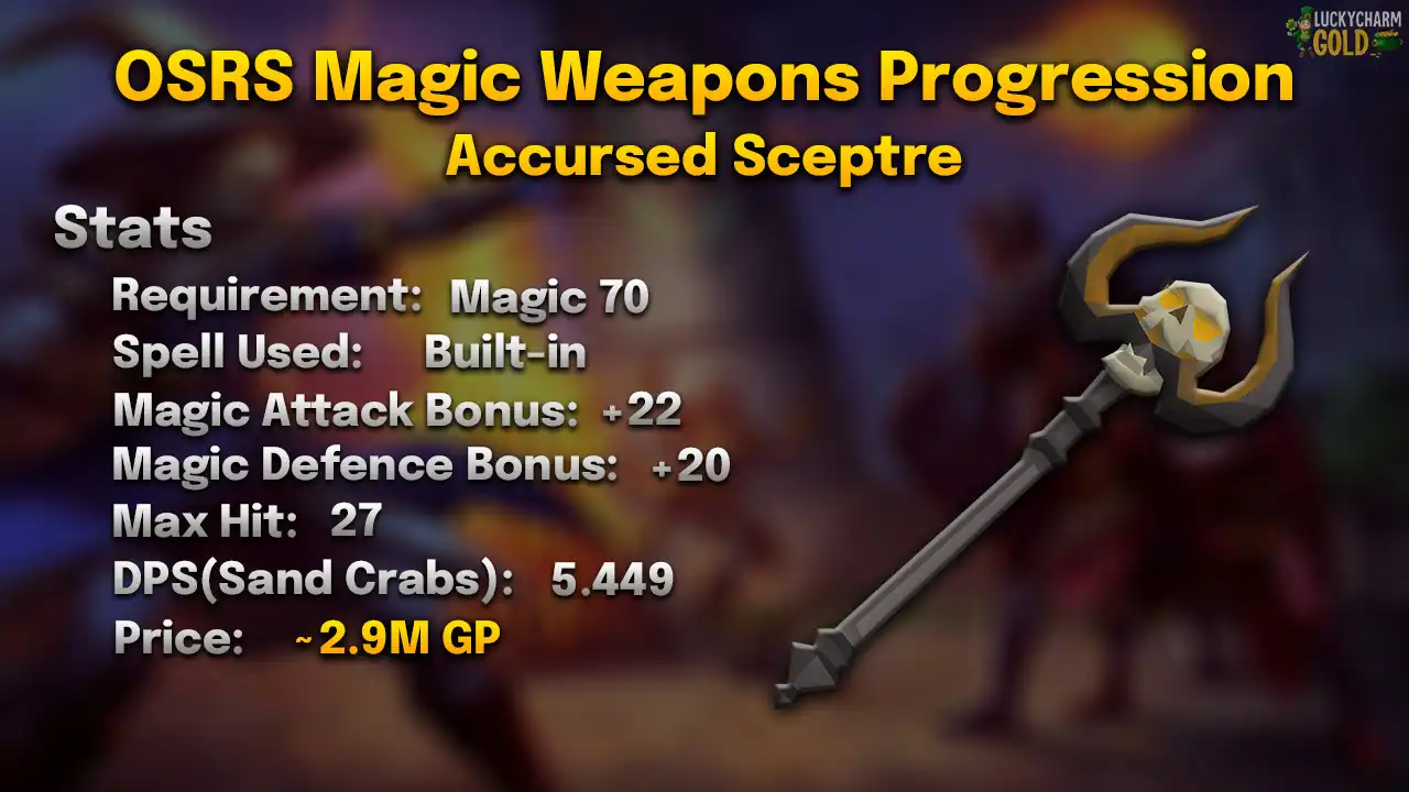 Accursed sceptre stats card: 70 Magic, its built-in attack, max hit 27, 5.449 DPS against a Sand Crab