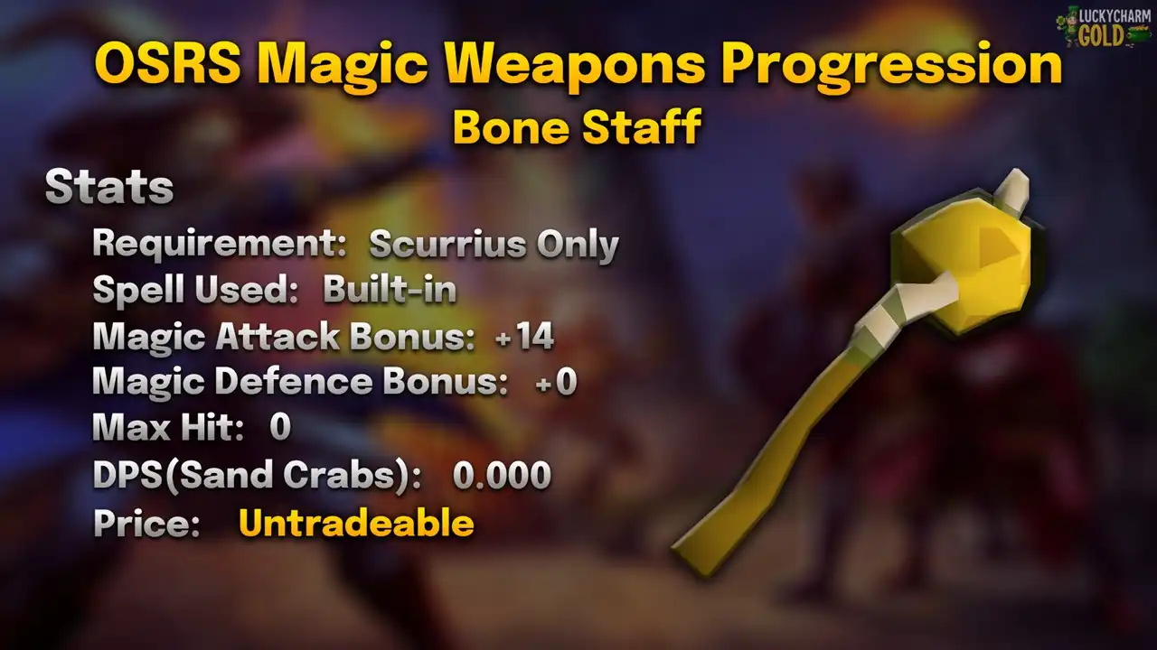 Bone staff stats card: Scurrius only, its built-in attack, max hit 0 and 0.000 DPS against a Sand Crab