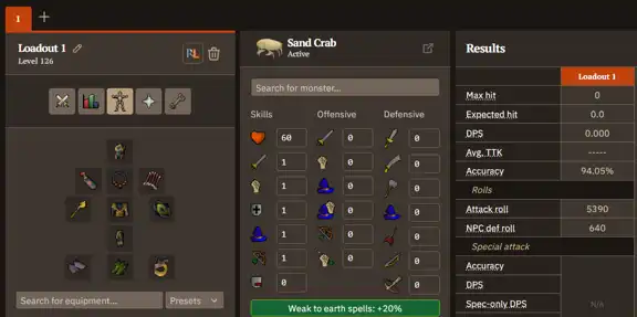 OSRS DPS calculator showing the Bone staff with a max hit of 0 against a Sand Crab